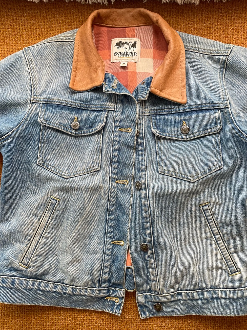 Denim Jacket with Tan Leather Collar -